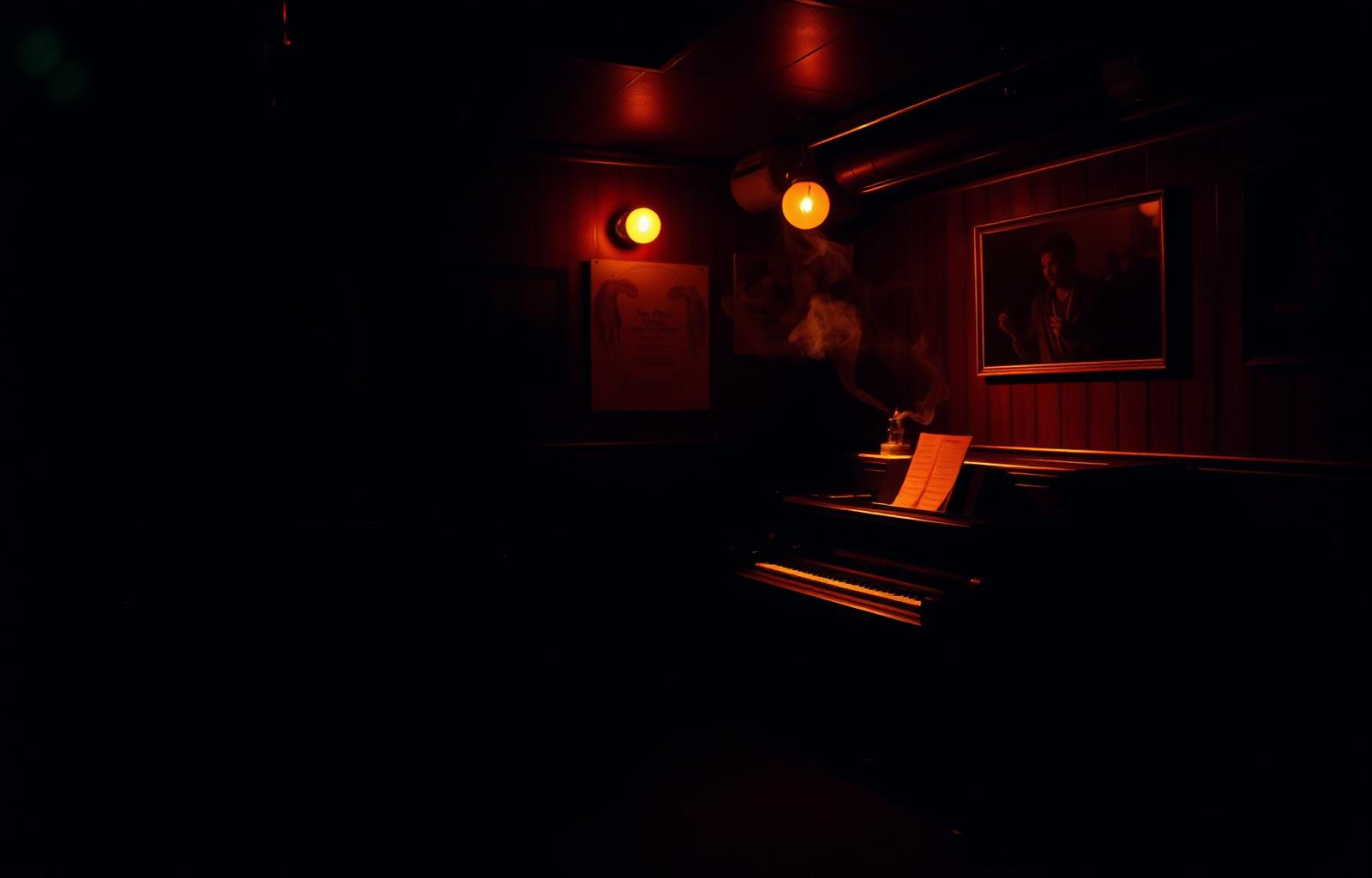 A dimly lit room with a piano under amber light